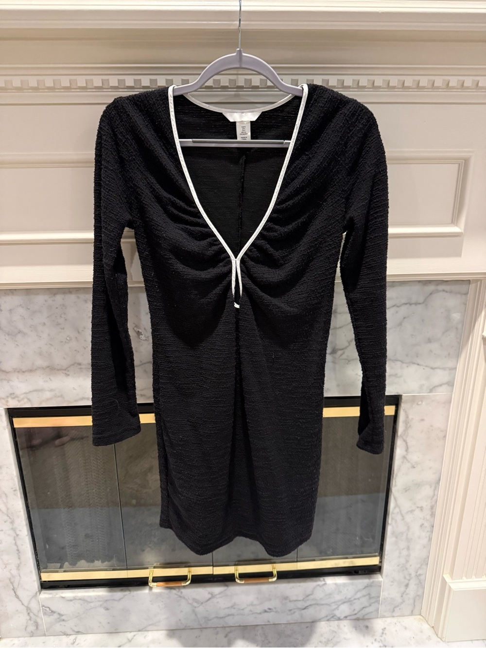 H&M Black Long-Sleeve V-Neck Dress with White Trim